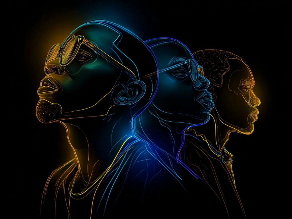 Neon illustration of three African faces representing diversity and innovation